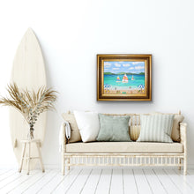 Load image into Gallery viewer, Beach Vacation original coastal wall art ready to hang featuring whimsical beach scenes, tropical islands, sailboats, and colorful seaside details.