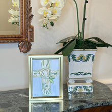 Load image into Gallery viewer, Original Christian artwork in blue and green palette perfect for baptism or christening gift. Modern floral cross shelf sitter for Christian women, girls rooms, or meaningful home decor