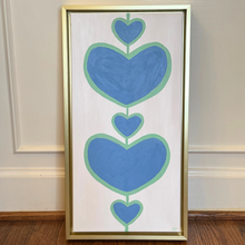 Load image into Gallery viewer, Contemporary colorful heart painting framed in gold for stylish and collected interiors.
Original abstract heart artwork designed for modern traditional and preppy home décor.