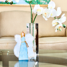 Load image into Gallery viewer, Blue Angel acrylic block art by Jeanne Player featuring elegant blue, white, and gold angel artwork in a freestanding acrylic shelf sitter.