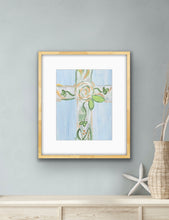 Load image into Gallery viewer, Blue and green floral cross wall art printed on archival paper, perfect for Christian home décor, nurseries, and prayer rooms.