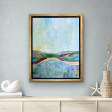 Load image into Gallery viewer, Original landscape artwork in soft blue, aqua, green, gold and earth tones inspired by a peaceful natural landscape.