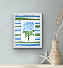 Load image into Gallery viewer, Grandmillennial floral wall decor featuring original blue hydrangea artwork with modern southern charm. Coastal floral art with blue hydrangea flower painting and cheerful striped mat for layered gallery wall styling.