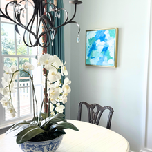 Load image into Gallery viewer, Blue Lagoon original abstract canvas in a gold float frame, bringing blue, green, and white color to a refined coastal interior