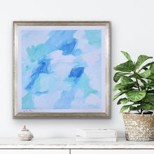 Load image into Gallery viewer, Blue Lagoon abstract coastal giclée print featuring layered blue, aqua, green, and white painterly brushstrokes inspired by ocean water.