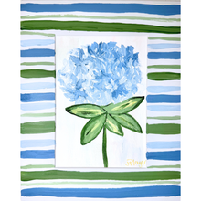 Load image into Gallery viewer, Artistic depiction of a blue hydrangea flower with green leaves with a matching blue, green and white mat.