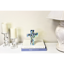 Load image into Gallery viewer, Contemporary Christian floral cross acrylic block displayed as tabletop decor with vibrant blue and green abstract flowers.