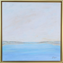 Load image into Gallery viewer, Blue and White coastal abstract landscape painting on canvas. This painting also has shades of gray and tan. It comes in a square gold float frame.