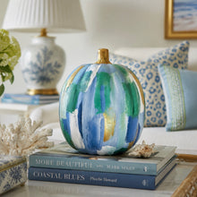Load image into Gallery viewer, Blue, green, white and gold hand painted pumpkin for elevated and collected coastal interiors.