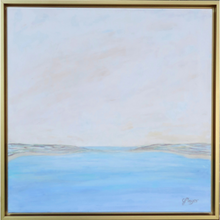 Load image into Gallery viewer, Blue and White coastal abstract landscape painting on canvas. This painting also has shades of gray and tan. It comes in a square gold float frame.
