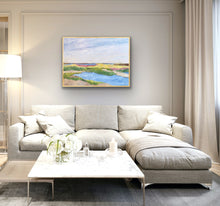 Load image into Gallery viewer, Low Country coastal abstract landscape print by Jeanne Player displayed above a sofa in a light and airy coastal living room.
