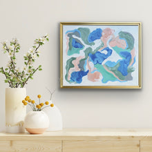 Load image into Gallery viewer, Reef original abstract coastal painting displayed horizontally as colorful blue and green beach house wall art.