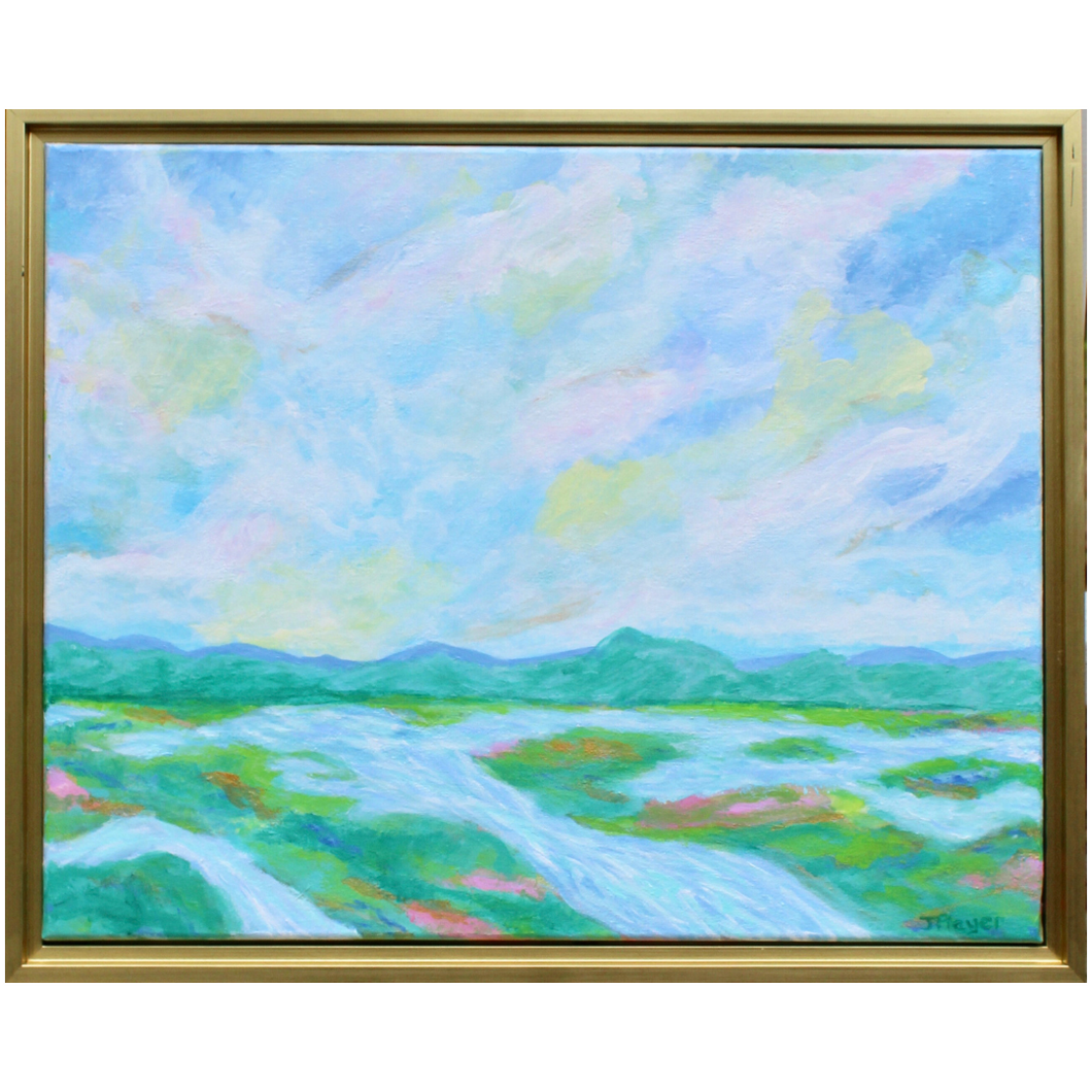 Colorful Abstract Marsh painting on canvas. This horizontal artwork has shades of green, blue, white, pink, yellow, purple and red. It is in a gold float frame.