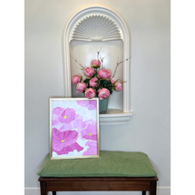 Load image into Gallery viewer, Pink and gold floral painting framed in a modern gold float frame ready to hang.