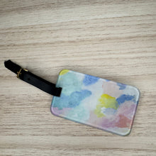 Load image into Gallery viewer, Cute pink travel bag tag for girls and women featuring modern abstract artwork and leather strap.