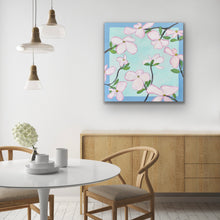 Load image into Gallery viewer, Large abstract floral painting featuring oversized pink dogwood flowers with green leaves on a blue and green background.