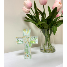 Load image into Gallery viewer, Faith Cross acrylic block art by Jeanne Player featuring an abstract floral cross in green, gold, and white on a clear freestanding acrylic block.