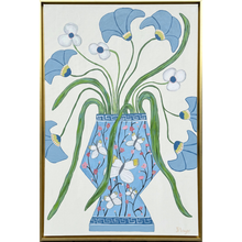 Load image into Gallery viewer, Original floral painting with chinoiserie-inspired blue vase, pink cherry blossoms, white butterflies, and whimsical blooms on gallery wrapped canvas from the Fleur Imaginaires Collection.
