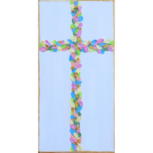 Load image into Gallery viewer, Flowered Cross handmade original Christian shelf sitter featuring vibrant floral details and heavy textured acrylic paint on a wood gesso panel.