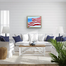 Load image into Gallery viewer, Original USA flag painting on canvas inspired by freedom, patriotism, and American history, professionally framed and ready to hang.