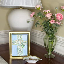 Load image into Gallery viewer, Hand painted blue floral cross artwork with layered acrylic brushstrokes and green botanical details. Framed Christian cross painting in blue and green tones designed for faith inspired home decor.
Small original floral cross art for nursery, prayer room.