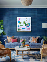 Load image into Gallery viewer, Blue and pink coastal artwork bringing cheerful tropical style to a beach house or vacation home. Fine art giclée print showcasing painterly abstract coastal textures in vibrant beach-inspired colors.