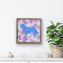 Load image into Gallery viewer, Golden Retriever abstract dog painting by Jeanne Player featuring a colorful dog silhouette outlined in gold with blue, pink, purple, and white accents.