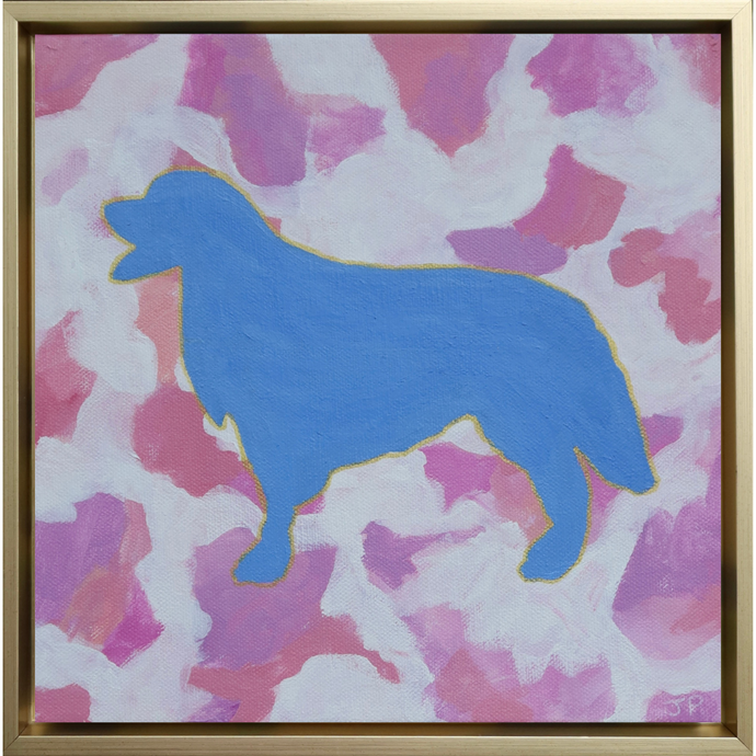 Golden Retriever is a modern dog silhouette painting on  square canvas. This blue dog is outlined in gold and is on an abstract background of pink, purple, coral and white. it comes in a gold float frame.