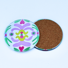 Load image into Gallery viewer, Palm Beach-inspired drink coasters featuring bold pink, green, and yellow abstract artwork with a glossy acrylic finish. Preppy acrylic coaster set with cork backing designed for coffee tables, kitchens, and colorful coastal home décor.