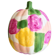 Load image into Gallery viewer, Hand-painted foam pumpkin in pink flowers, green yellow and peach pastel colors for fall decor.