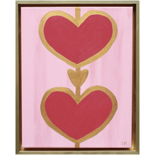 Load image into Gallery viewer, Original red heart painting on a pink background in a gold float frame by Jeanne Player Fine Art.