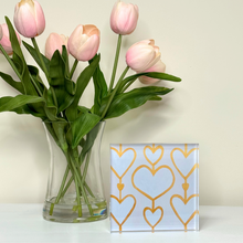 Load image into Gallery viewer, Modern white and gold heart acrylic block art by Jeanne Player Fine Art featuring a contemporary pop art heart design, perfect shelf decor, Valentine’s Day gift, and elegant home accent.
