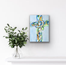 Load image into Gallery viewer, Hope Cross Christian giclée print featuring a colorful floral cross in blue, green, white, and gold, contemporary Christian wall art by Jeanne Player.