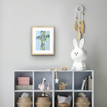 Load image into Gallery viewer, Colorful Hope Cross Christian art print displayed in a girl's bedroom, featuring a contemporary floral cross in blue, green, gold, and white.