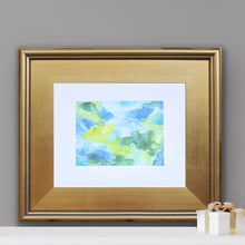 Load image into Gallery viewer, Close-up detail of textured abstract painting with expressive acrylic brushwork in yellow, blue, green, and white on paper.