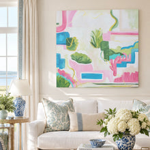 Load image into Gallery viewer, South Beach original abstract coastal painting by Jeanne Player displayed in a sophisticated coastal-inspired interior with colorful artwork and elegant furnishings.