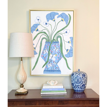 Load image into Gallery viewer, Large colorful floral painting with sculptural flowers in shades of cream, pink, chartreuse, green, and soft red for sophisticated interiors.