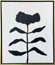 Load image into Gallery viewer, Black abstract leaf design on a light background in a gold and black float frame