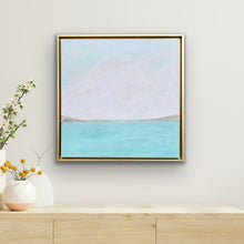 Load image into Gallery viewer, Line on the Horizon II original abstract coastal painting by Jeanne Player featuring a serene horizon, blue, turquoise, tan, soft pink, and white tones.