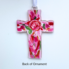 Load image into Gallery viewer, Back view of the Love Cross ornament showing its acrylic construction and heavyweight paper backing