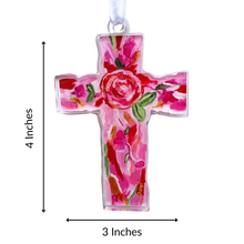 Load image into Gallery viewer, Love Cross acrylic Christmas ornament measuring approximately 3 by 4 inches with colorful cross artwork and white hanging ribbon