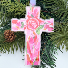 Load image into Gallery viewer, Close-up of the Love Cross ornament showing colorful floral artwork inspired by an original painting by Jeanne Player