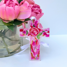 Load image into Gallery viewer, Love Cross Christmas ornament with an elegant white satin ribbon for hanging on a Christmas tree or ornament stand