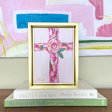 Load image into Gallery viewer, Original floral-inspired Christian cross artwork in vibrant pink, red, green, white and gold, displayed in a gold frame.