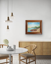 Load image into Gallery viewer, Masculine coastal rowboat wall decor with vibrant fishing boats, serene island scenery, and warm coastal sunset colors.