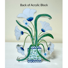 Load image into Gallery viewer, Modern Southern floral acrylic block art displayed on a tabletop featuring playful flowers and bold blue latticework in a cheerful contemporary style.