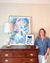 Load image into Gallery viewer, A coastal blue botanical painting with abstract art and the artist Jeanne Player