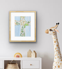 Load image into Gallery viewer, Faith-inspired nursery wall art featuring a floral cross in calming blue and green colors for a peaceful baby's room.
