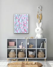 Load image into Gallery viewer, Abstract spring floral artwork featuring pink blossoms and painterly textures printed on archival fine art paper.
Elegant cherry blossom wall art in shades of pink, blue, green, white, yellow, and brown for gallery walls and feminine interiors.