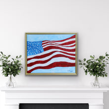 Load image into Gallery viewer, Original abstract American flag painting titled Old Glory featuring expressive red, white, and blue acrylic brushstrokes on canvas in a gold float frame.